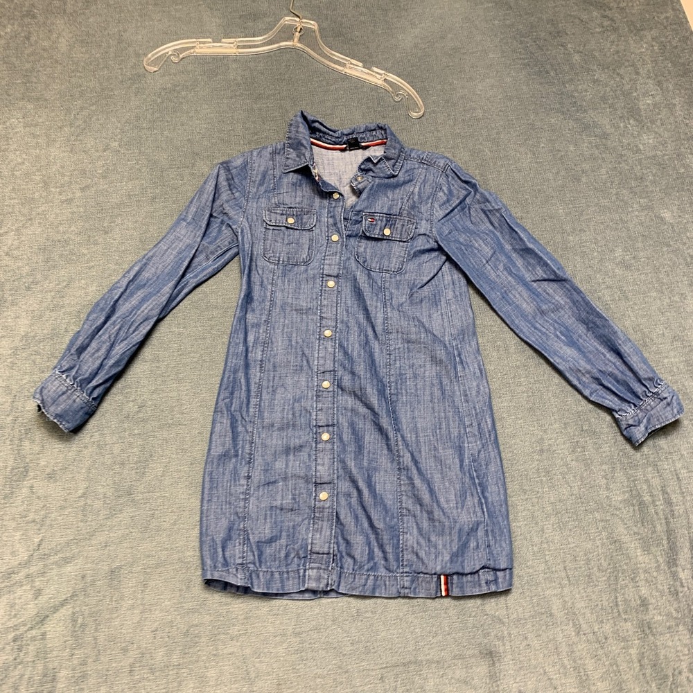 Tommy Hilfiger Shirt Dress Girls 7 Blue Chambray Denim Long Sleeve Button Front